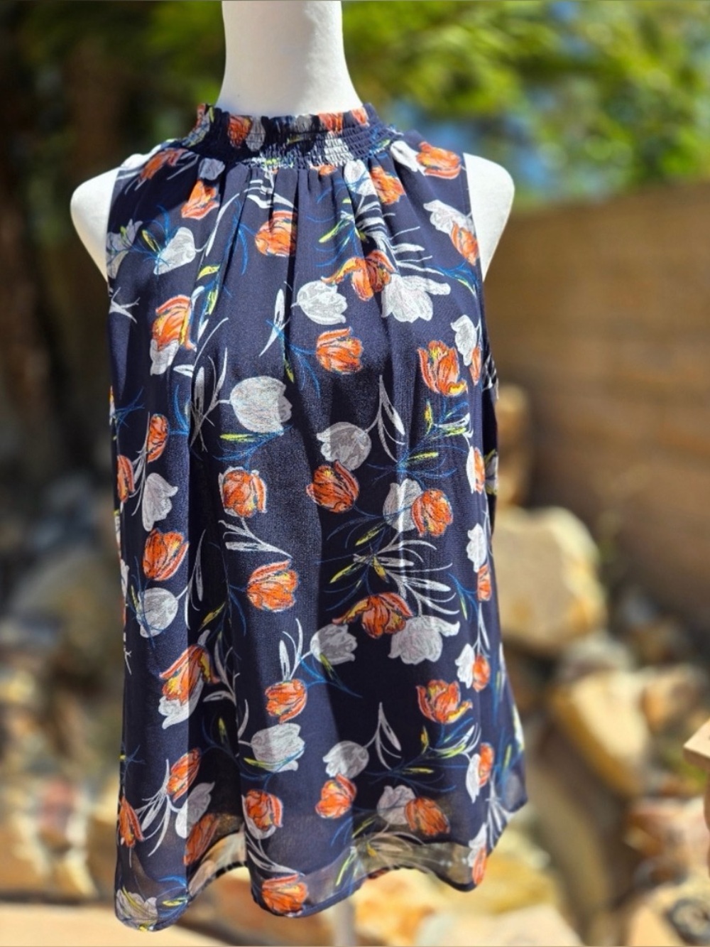Daniel Rainn Navy Floral Smocked Halter Blouse with Orange and White Blooms